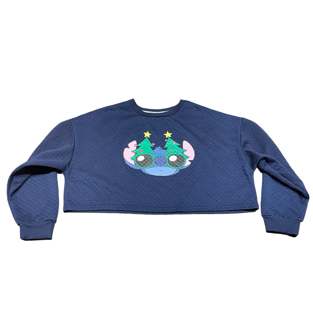 Disney Womens Blue STITCH Wide Cropped Sweatshirt Size 10/12 Large Christmas